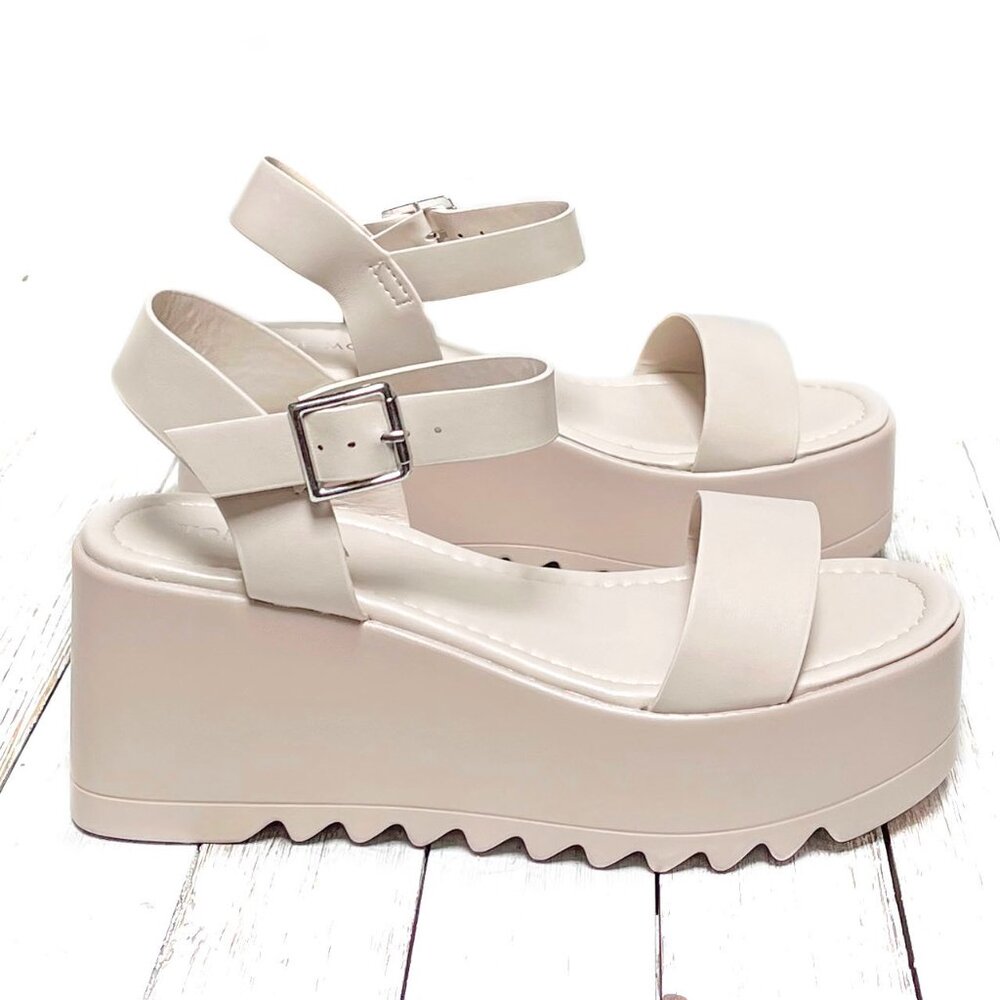 New Ivory Beige Wide Band Platform Wedge Heel Sandals - Picture 2 of 4